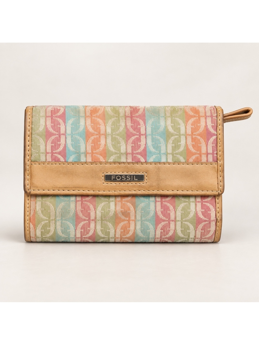 Vintage Fossil Signature Multi Stripe Trifold Wallet Clutch Organizer